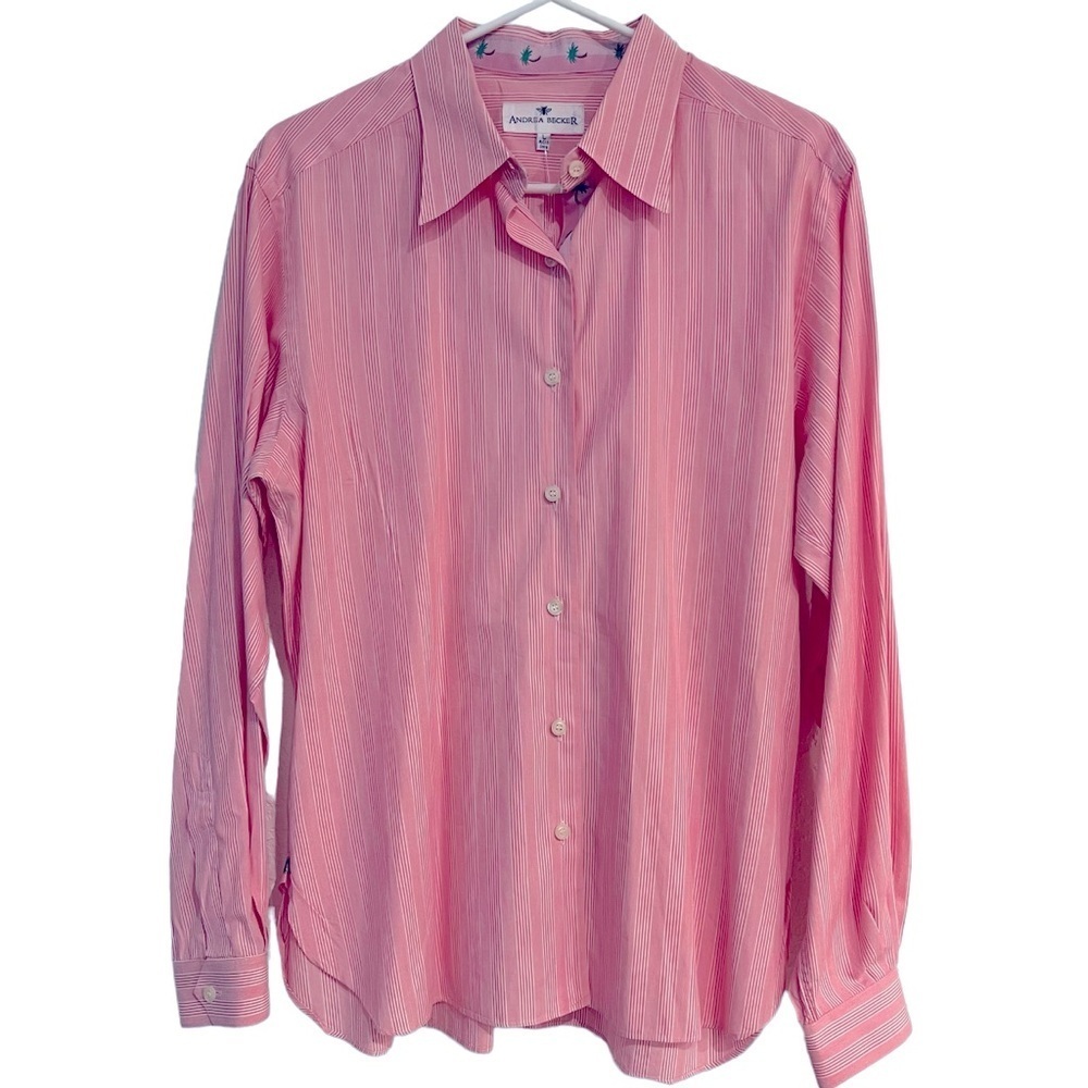 Andrea Becker Pink & White‎ Striped Long Sleeve Button Down w/ Palm Trees Large